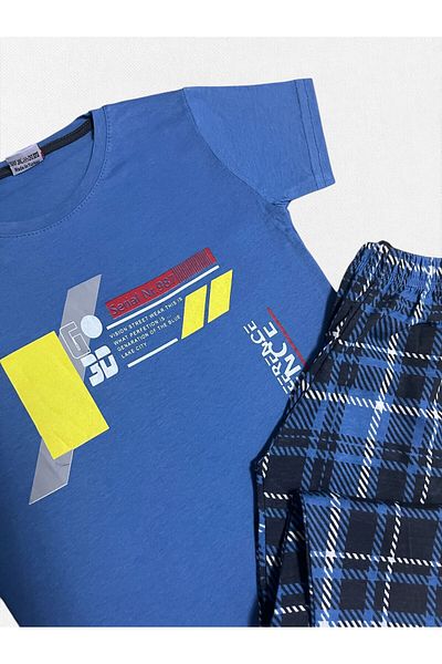 Fil Kids Pijama sezonieră cu mânecă scurtă, 100% bumbac, cu model în carouri, albastru