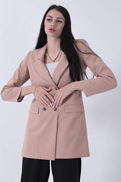 Feminist Astarlı Düğme Kapamalı Blazer Ceket Bej 0105123
