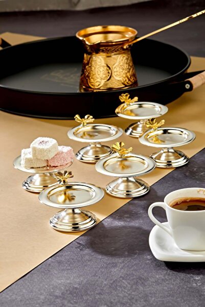 Turkco Decorative Metal 6-Piece Turkish Delight Bowl, Coffee Side Presentation Set - Butterfly Detail