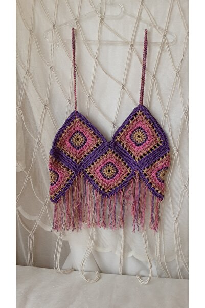 LALDİZAYN El Örgüsü Motifli Crop / El Örgüsü Crop / El Yapımı Ince Askılı Mot...