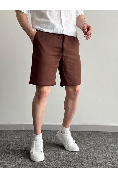 BY İMPALA MODA شورت من قماش الكتان بخصر مطاطي ورباط
