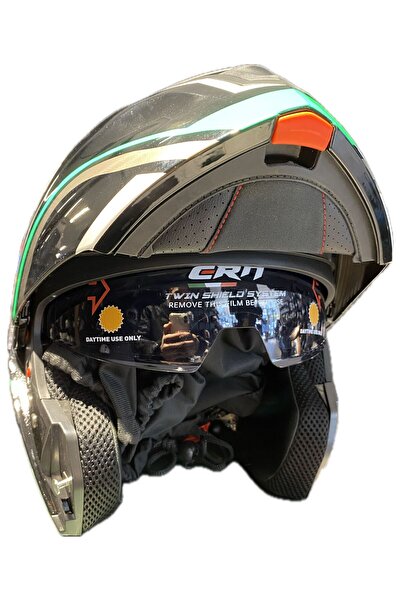 CRN MOTORSİKLET KASKI CRN PARLAK SİYAH RENK VE YEŞİL-GRİ   ÇENE AÇILIR-TAM VİZÖRLÜ VE İNTERCOM TAKMALI