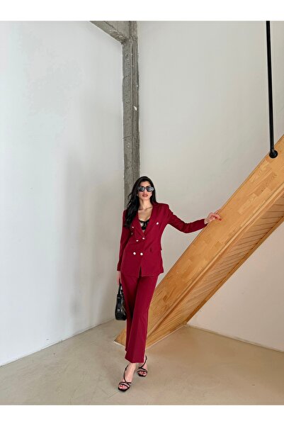 Female Clothing Bordo Düğmeli Blazer Ceket Cepli Bol Pantolon Takım Elbise