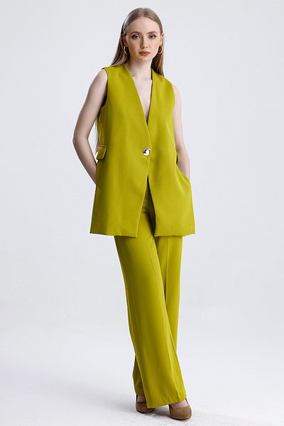 MD trend Women's Single Button Slit Detailed Lined Vest and Palazzo Pants Double Crepe Set