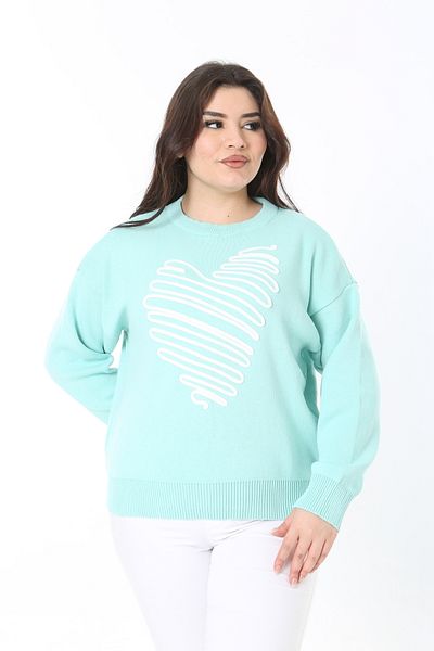 Şans Women's Large Size Green Suzine Embroidered Knitwear Sweater 65N38862
