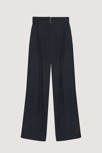 Quzu Double Belted High Waist Loose Trousers Navy Blue