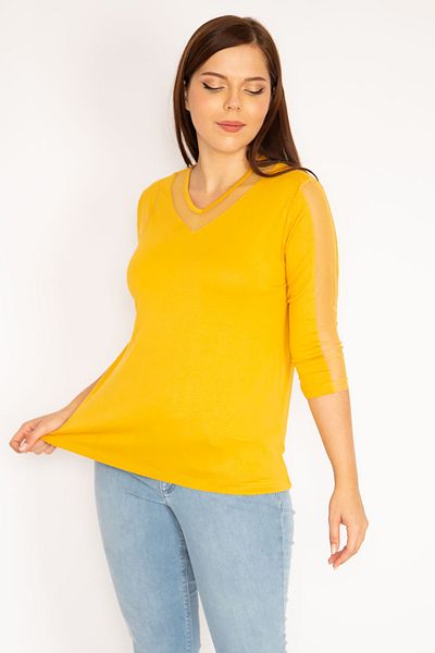 Şans Women's Large Size Mustard Tulle Detailed Viscose Blouse 65N38859