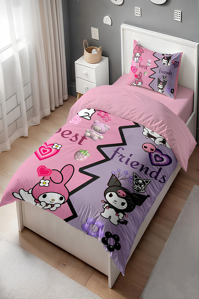BelezaHome Pink Purple Kuromi Themed Single Baby Kids Bedding Set