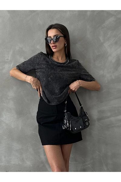 Ecenin Favorileri Cotton Blended Anthracite Washed Collar Stone Tshirt