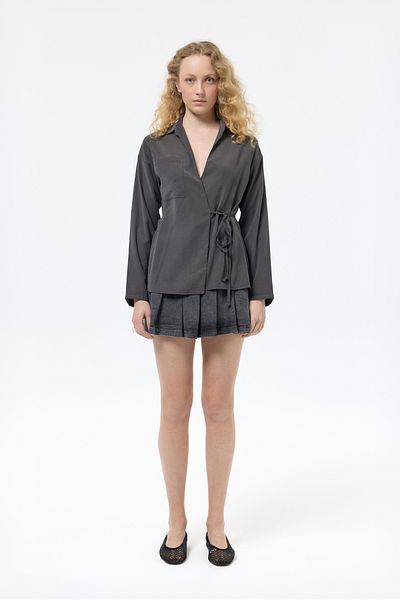 Quzu Anthracite Pocket Detailed Tie up Blouse