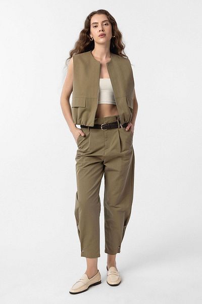 Antioch Khaki High Waist Buttoned Fit Women's Trousers