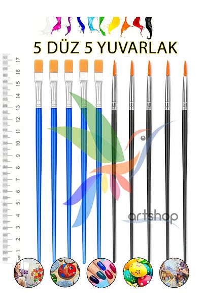 Artshop 10 Pieces 5 Flat 5 Fine Tips Acrylic Artistic Brushes - for Oil, Water and Gouache Paint Finger Paint