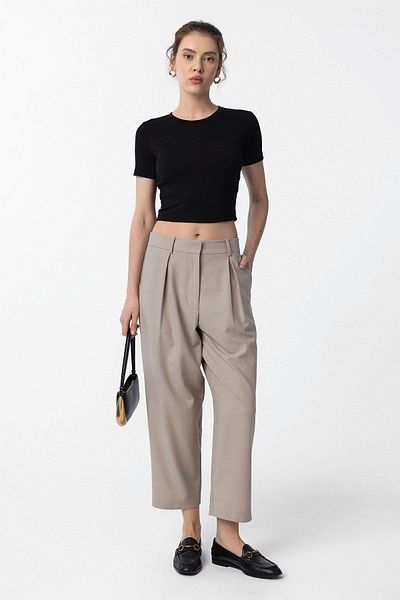 Antioch Beige Pleated Soft Ankle Length Women's Trousers