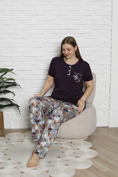 KAPİTEX Bamboo Plus Size Short-Sleeved Six Long Plum Color Pajamas Set