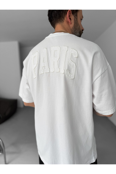 BYBASICMAN Beyaz Paris Yırtık Yazılı Oversize T-Shirt JJ-16