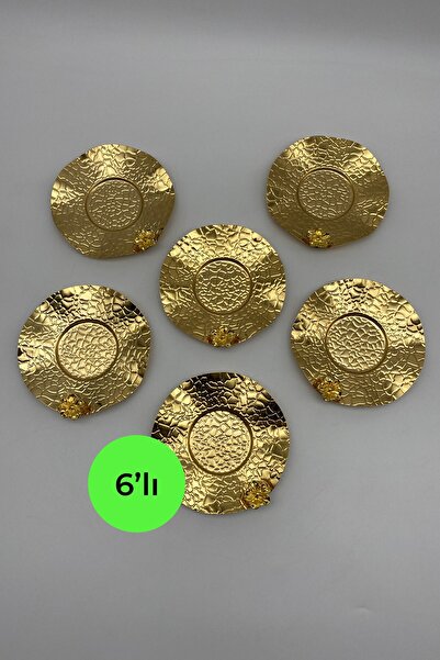 Fiyakalı Ürünler Atölyesi 6'lı Gold Dalgalı, Kabartma Model Papatyalı Çay Tabağı Seti, Bardak Altlığı