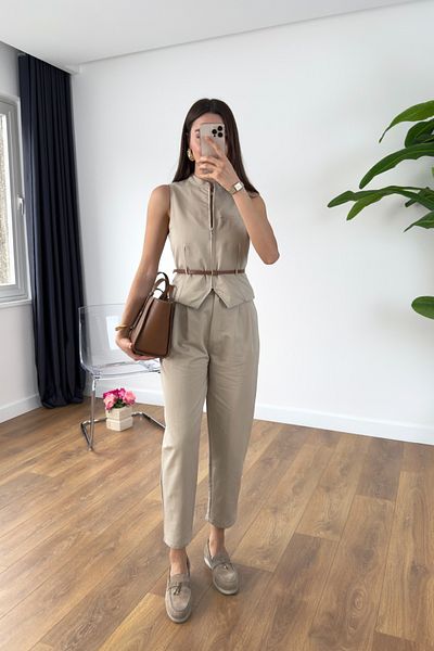 BİRCANÇİL Nelzo Stone Belted Vest Trousers Set