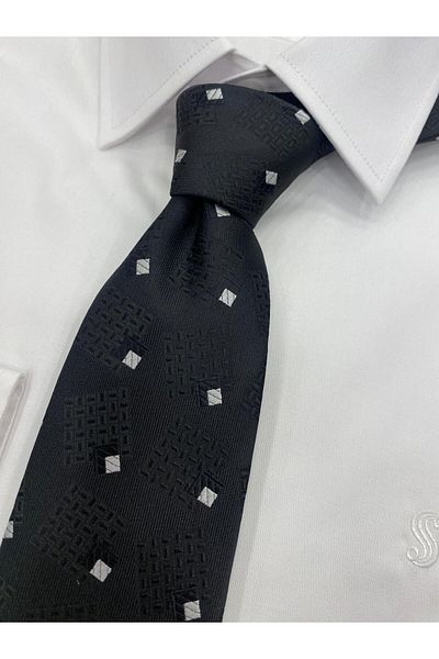 Cacharel Woven Fabric Patterned Black and White Tie