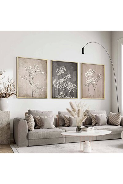 KOLAJTASARIM Monokrom Floral Desenli Gold Metal Çerçeveli Cam Tablo /S