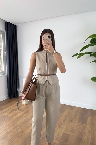 BİRCANÇİL Nelzo Stone Belted Vest Trousers Set