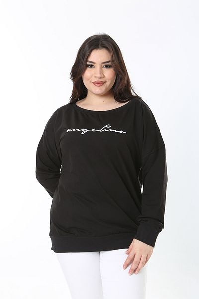 Şans Women's Large Size Black Embroidery Detailed Crew Neck Blouse 65N38866