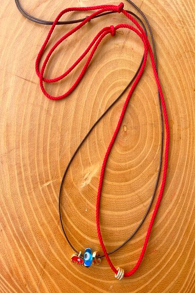 Shepidi 2'Li Blue Glass Bead Brown Red Rope Slide Lock Knit Necklace