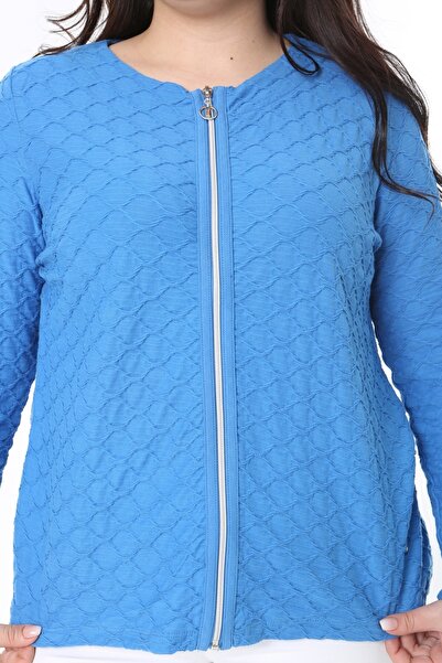 Şans Women's Large Size Blue Seersucker Fabric Zipper Cardigan 65N38868