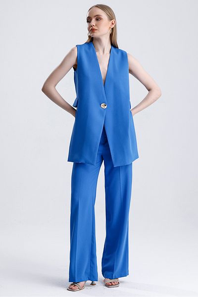 MD trend Women's Single Button Slit Detailed Lined Vest and Palazzo Pants Double Crepe Set