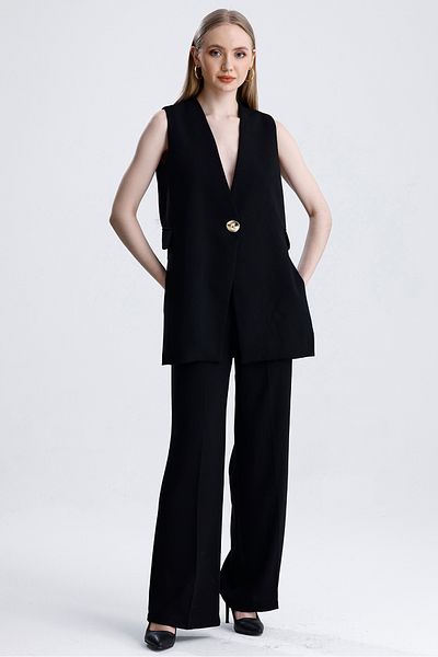 MD trend Women's Single Button Slit Detailed Lined Vest and Palazzo Pants Double Crepe Set