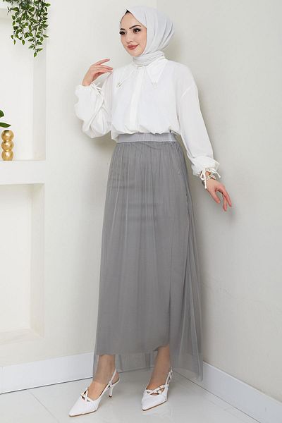 hafsamina Elastic Waist Tulle Skirt Gray Hm2704