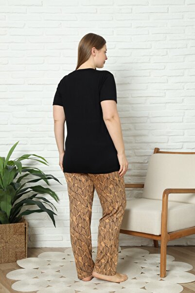 KAPİTEX Bamboo Plus Size Short-Sleeved Six Long Leaf Print Black Color Pajamas Set