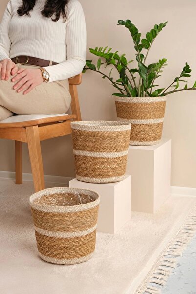 AVANTAGE HOME Martina - 3 Adet Dekoratif İç Korumalı Doğal El Örmesi Hasır Saksı Sepet Seti 24 cm