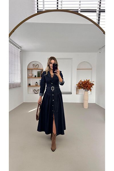 Sezgi Tekin Rochie maxi din denim cu guler dublu bleumarin cu centura
