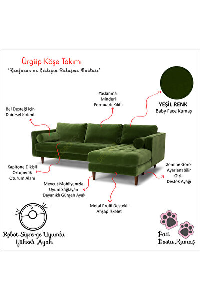 Decoraev Ürgüp Yeşil Modern Rahat Köşe Takımı Yumuşak Sünger Yüksek Ayak Baby Face Kumaş Pofuduk Sağ Köşe