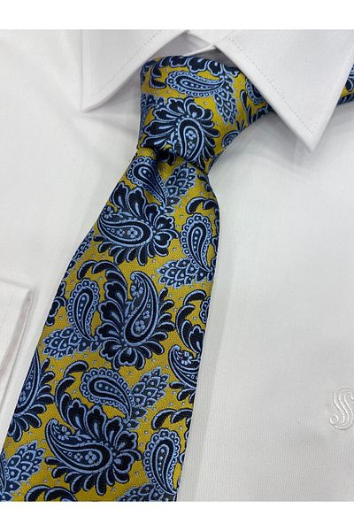 Cacharel Woven Fabric Patterned Yellow Navy Blue Tie