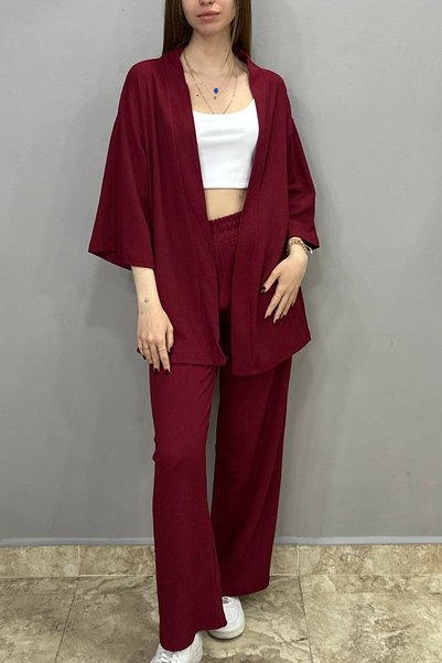 Tam Moda Pantaloni Palazzo de damă de culoare vișiniu - Set kimono