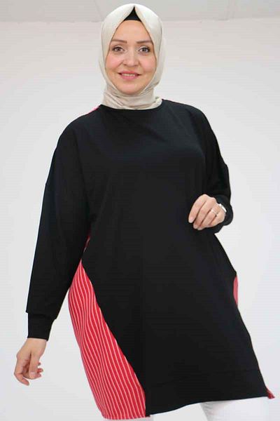 Eslina 58046 Large Size Shoulder and Side Garnished Combed Cotton Tunic - Black-Red