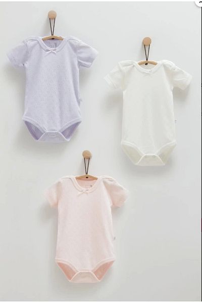 Caramell Baby Girl Lilac Color 3-Piece Short Sleeve Bodysuit Set Stylish and Comfortable Baby Bodysuit Set