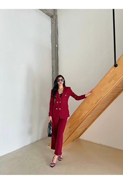 Female Clothing Bordo Düğmeli Blazer Ceket Cepli Bol Pantolon Takım Elbise