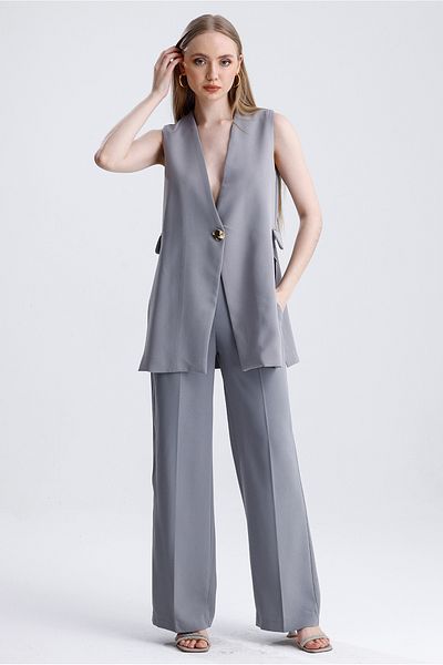 MD trend Women's Single Button Slit Detailed Lined Vest and Palazzo Pants Double Crepe Set
