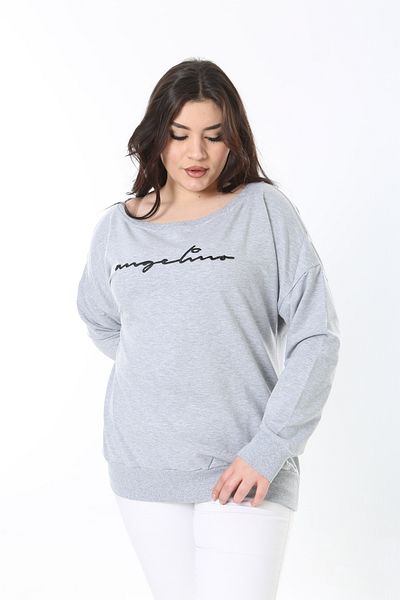 Şans Women's Large Size Gray Embroidery Detailed Crew Neck Blouse 65N38866