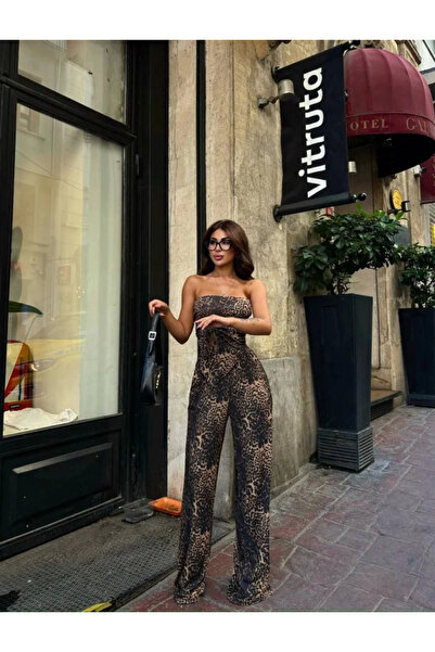 Kokosh moda Leopard Patterned Front Tie Blouse Trousers Double Set