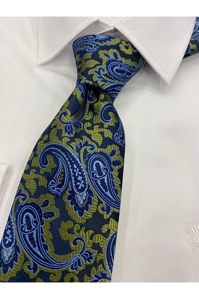 Cacharel Woven Fabric Patterned Yellow Navy Blue Tie