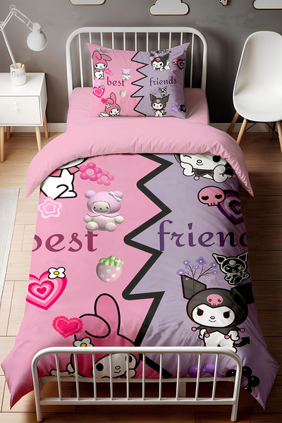 BelezaHome Pink Purple Kuromi Themed Single Baby Kids Bedding Set