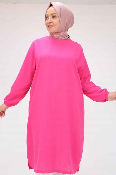 Eslina 58057 تونيك كتان مقاس كبير بأكمام مطاطية - فوشيا