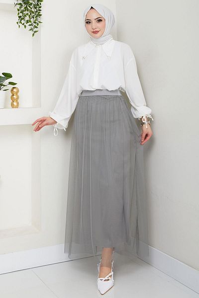 hafsamina Elastic Waist Tulle Skirt Gray Hm2704