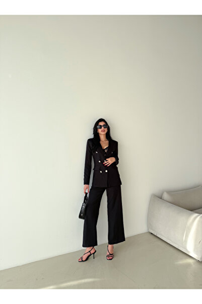 Female Clothing Siyah Düğmeli Blazer Ceket Cepli Bol Pantolon Takım Elbise