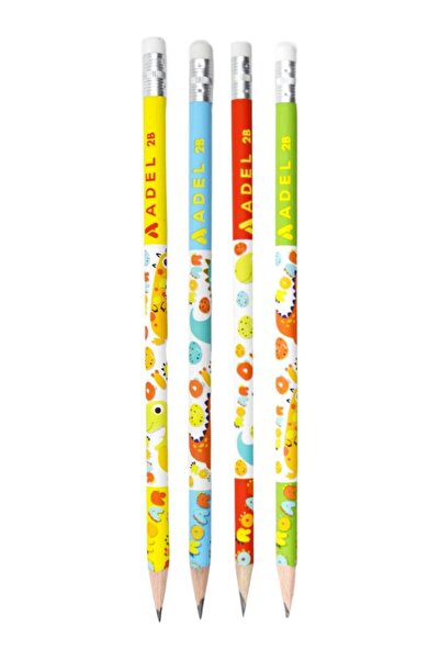 Adel Dino Round 2B Pencil with Eraser 4 Pieces