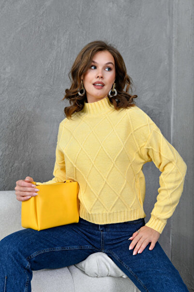 Park Karon Kadın Dik Ayak Baklava Desen Triko Kazak