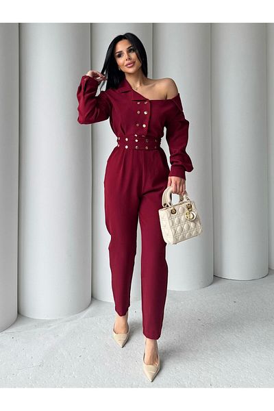 HARMONY GLOBAL Women's Burgundy Gold Snap Fastener Shoulder Detailed Belted Design Jumpsuit 7255